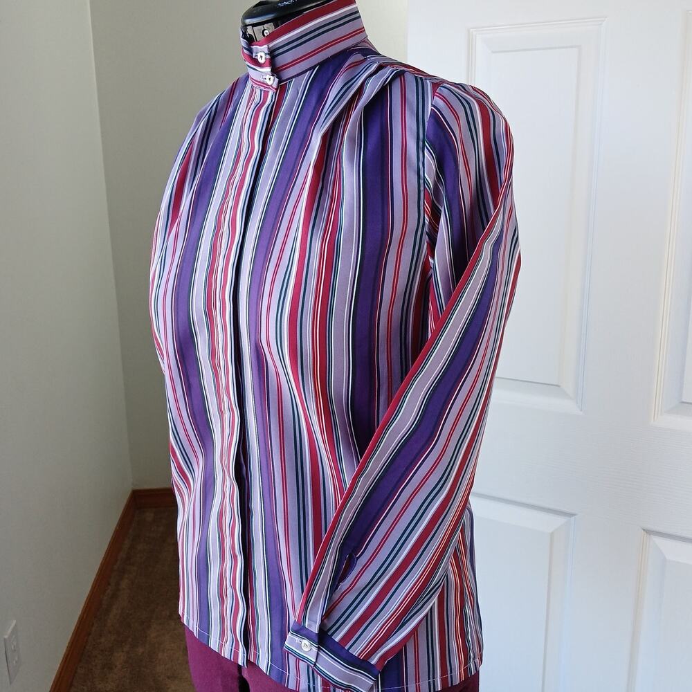 Mary Poppins Blouse M/L? vtg handmade purple red stripes long sleeve mandarin